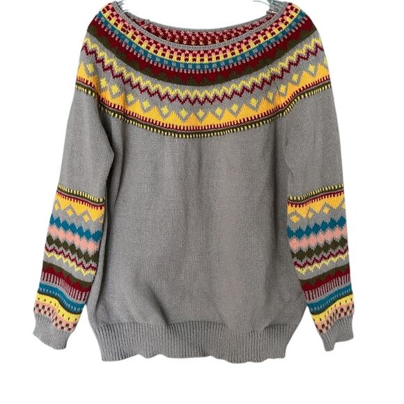 Vintage Fair Isle Knit Sweater Women’s Large Gray Multicolor Nordic Boat Neck - Picture 2 of 5